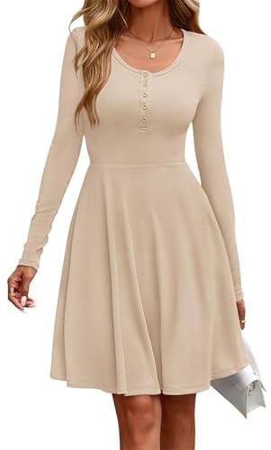 SCHOOLMOON Robe Pull Femme Manches Longues Taille Haute Tricot Automne Robes Col Rond Décontracté Chic Hiver Genou Robe avec Poches(Beige,M)