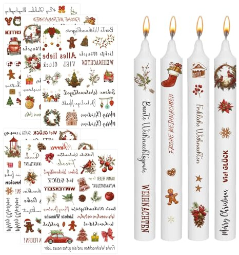 6 Bunte Kerzentattoos Weihnachten + 4 Weiße Stabkerzen (1,5x17cm) - Weihnachtskerzen-Folie mit Farbtransfer für Adventskalender, DIY Kerzendekoration, Tassenverzierung & Festtagsdekoration