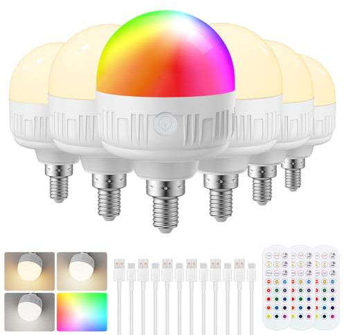 LGMCF Bombilla recargable con mando a distancia, E14, regulable, colores RGB, bombilla LED con batería, 8 W de control táctil con función de temporización, luz de emergencia con magnética, paquete de