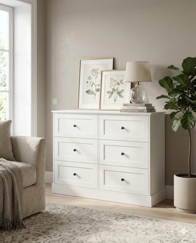 Amveya Cómoda Blanca con 6 cajones Mueble de almacenaje para Dormitorio salón y Oficina Estilo Moderno 108x40x75 cm