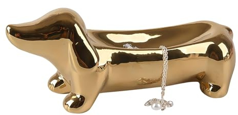 Zosutetoxo Ringhalter Dackel Gold aus Keramik - Schmuckablage für Ringe und Ohrringe - Hundefigur Deko für Badezimmer und Schlafzimmer - Wiener Dog Schmuckteller und Schlüsselschale
