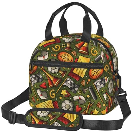 ASRVA Football Trophy Horn Whistle Flag Goal Insulated Lunch Bag Reusable Lunch Box Portable Bento Containers Thermal Cooler Tote Bags Sling Organizer with Removable Strap for Work Gym Picnic Travel
