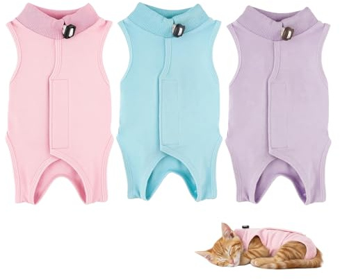 3er Set Katzenbody nach OP, Atmungsaktive Baumwoll-Katzenbekleidung, Katzen Body für Katzen Operation, Bequemer Katze Body für Katzen nach Kastration oder Eingriffen (Blau/Rosa/Lila, Größe S)