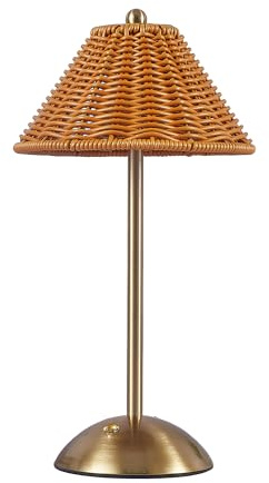 WLHBF Akku Tischlampe, Wiederaufladbare LED Schreibtischlampe, Dimmbar | 3 Lichtfarben, Boho Rattanlampe, Touch-Steuerung, Vintage Nachttischlampe für Schlafzimmer, Wohnzimmer, Büro
