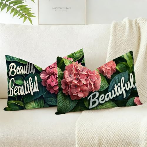 Cuscini da Esterno Impermeabili Rettangolari Rosa, Cuscini per Divano 50 x 70 Set di 2, Ortensia Decorativi Motivo Impermeabili in Velluto Copricuscini Divano, per Soggiorno Camera da Letto D-4983