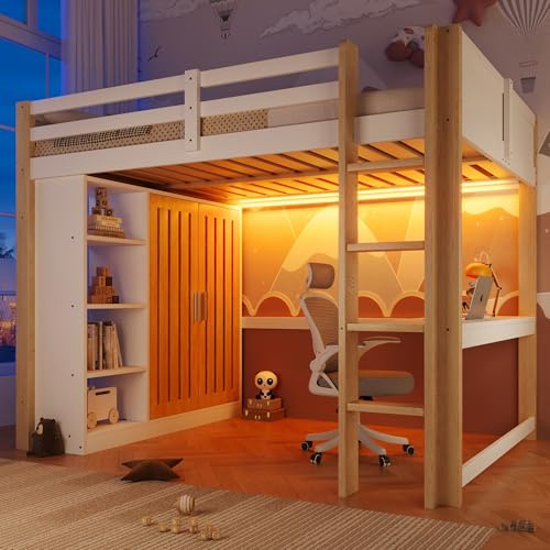 Kebnor Hochbett,Mit LED-Leuchten, Kleiderschrank, Regal, ohne Matratze, Weiß+Natur (140x200cm)