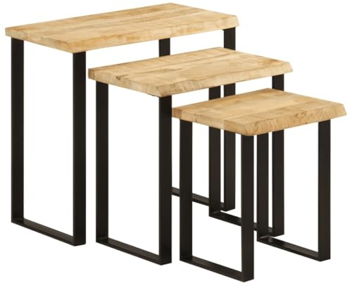 GeenYuu Set of 3 Solid Mango Wood Nesting Tables with Tree Edge Modern Side Table Set with Powder-Coated Steel Legs, Living Room and Hallway, Sturdy Shelf for Decoration