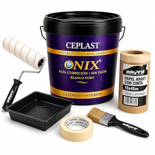 CEPLAST Kit Completo de Pintura ONIX Blanco 4L para Interior – Sin Olor, Alta Cobertura, con Rodillo, Cubeta, Papel Kraft y Accesorios para Pintar Casa Fácil