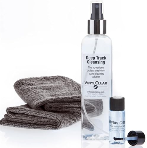 Vinyl Record Cleaner Kit von Vinyl Clear. 250 ml Premium Qualität Record Reinigungsflüssigkeit, versenkbarer Ständer, zwei microcloths & Anleitung.