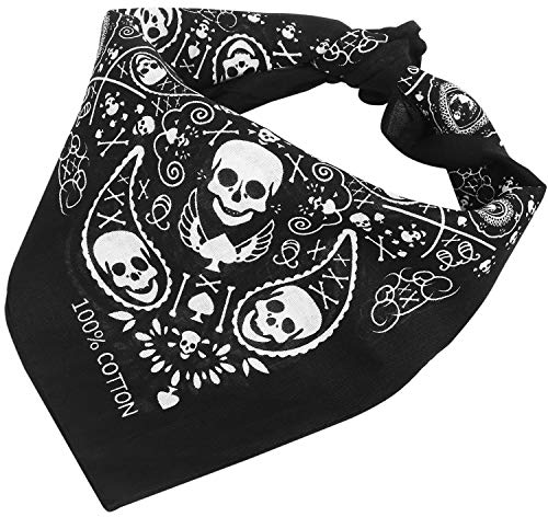 TRIXES schwarze Bandana Schal Kopftuch beidseitig bedruckt im Totenkopf-Design mit kariertem Rand