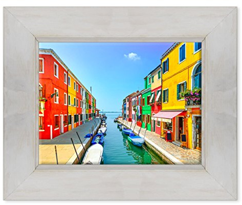 ConKrea Quadro su Tela Canvas INTELAIATO - con Cornice - Venezia - Isola Burano - 30x40cm - Stile Country Bianco Shabby - (cod.1817)