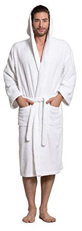 Turkuoise Men's Turkish Terry Cloth Robe, Thick Hooded Bathrobe (White, Large)