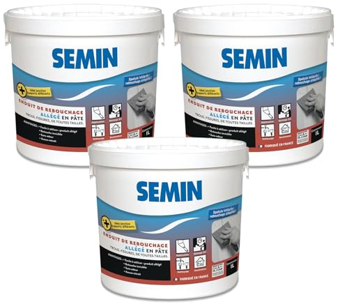 Semin SEM-LIGHT Enduit de Rebouchage Allégé- 3 X 1 L – Ultra Léger, Sans Retrait & Séchage Rapide – Réparation Trous & Fissures – Intérieur Murs & Plafonds – Blanc Mat – 3 Spatules Intégrées
