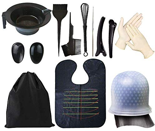 14-tlg. Haarfärbeset mit Aufbewahrungstasche - Haarfarbe Set Haarfarbe Kit Haarfarbe DIY Werkzeug mit Strähnchenhaube,Haarfärbeschale,Haarfarbpinsel, Ohrenschutz,Haarfärbekap,Handschuhe,Farbwischer
