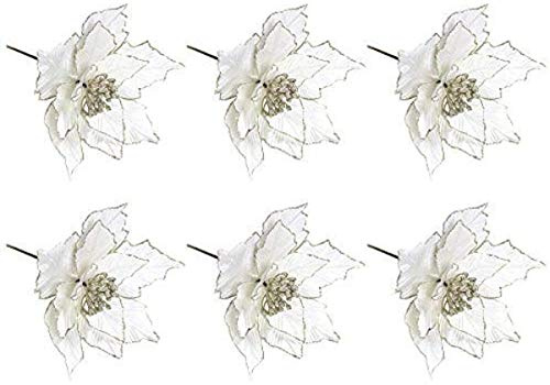 Lamf Glitzer-Weihnachtsstern, 24,1 cm, Christbaumschmuck, roter Weihnachtsstern-Busch, künstliche Weihnachtsblumen, Kränze, Hochzeits-Ornamente, 6 Stück weiß