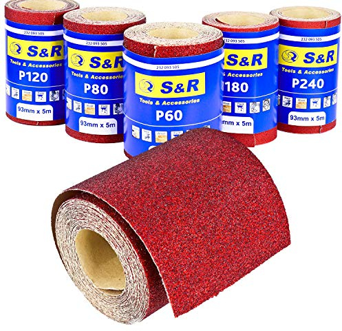 S&R Rotoli Carta Vetrata Abrasiva per Legno metallo Muro. Set di 5 Rotoli da 5 METRI x 93mm con grana 60/80/120/180/240