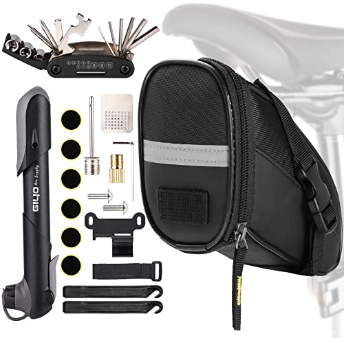 Waterproof Saddle Bag with Bike Repair Tool Kits – Bicycle Storage Bag,Multi Tool Puncture Repair Kits Includes Tyre Spoons, Glueless Tyre Pads and Bicycle Valve Adapter(Saddle Bag with Multi Tools)