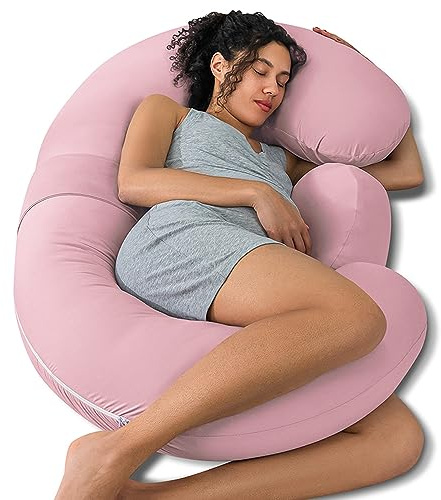 QUEEN ROSE Cooling Pregnancy Pillows, E Shaped Maternity Pillow for Sleeping, with Extra Wedge Pillow for Belly Support, 60 Inch Full Body Pillow, Pink