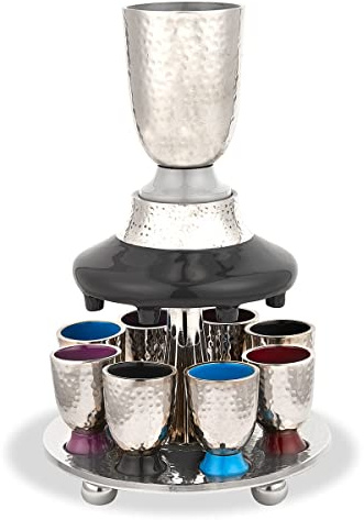 Elegant Display Kiddush Cup Wine Fountain Set - Hammered Metal with Enamel Detailing - Large Goblet, 8 Shot Cups for Shabbat, Passover, Seder, Yom Tov, Wedding Gifts by Zion Judaica (Multi Color)