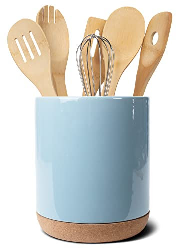 Elanze Designs Glossy X-Large Ceramic Stoneware Cork Bottom Kitchen Utensil Holder, Sky Blue
