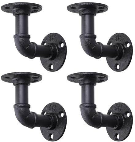MUZIK Paquete de 4 soportes de estante de tubería, soporte rústico en forma de L para montaje en pared, estantes industriales flotantes, acabado de hierro negro vintage (4 x 4 pulgadas)