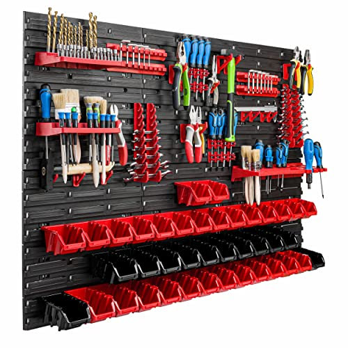 Lagersystem Werkstattregal | 117 x 78 cm | 40 stck. Box | Wandregal mit Werkzeughalterungen und Stapelboxen - Wandplatten Extra Starke Schüttenregal Warkzeuglochwand Lagerregal Garage Regal