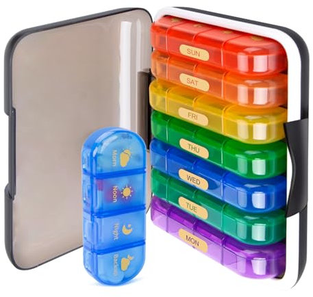 MURRI&MURRDI Large Pill Organizer 4 Times a Day, Portable 7 Day Pill Box with Moisture-Proof Case, Weekly Pill Container for Vitamins Fish Oils Medications Supplements (28 Cells, B Multi-Colored)