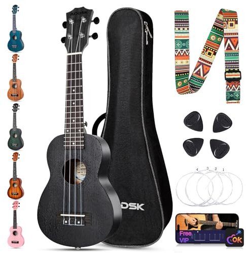 AODSK Soprano Black Ukulele for Beginner 21 Inch Ukelele with Gig Bag Strap Nylon String 4 Picks Holiday Gift