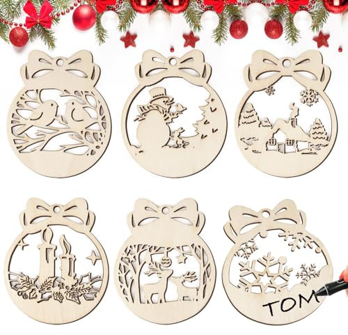 30pz Palline Legno Natale Ciondoli Natalizi per Albero di Natale, Ornamenti Addobbi in Legno, con Spago Scatola