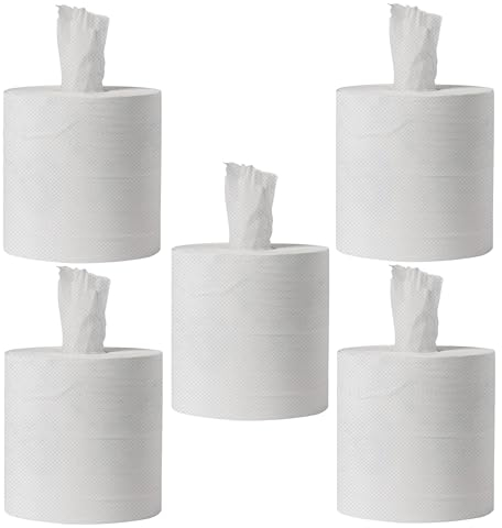 Pack of 5- Jumbo Kitchen Rolls, 2 PLY Centrefeed Kitchen Towels, Embossed White Hand Napkins, 34GSM Wiping Napkin Roll, Tissue Paper Bulk Buy (525 Pulls/Sheets)