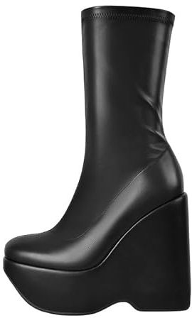 blingqueen Damen Stiefeletten Plateau Stretch Booties Keilabsatz Stiefel Schwarz Lederoptik 42 EU