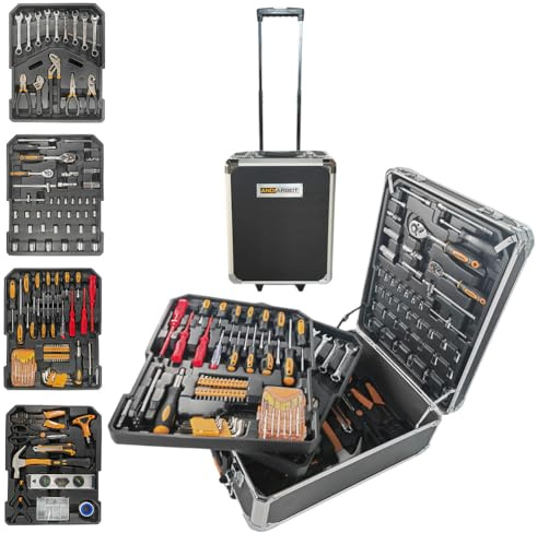 ANDIARBEIT® Werkzeugkoffer mobiler Trolley Aufbewahrung, organisiertes Werkzeugset 1000-tlg. (Schwarz)