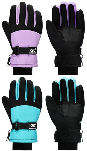 SATINIOR 2 Pairs Kids Waterproof Winter Snow Gloves Ski Gloves for Boy Girl Outdoor Warm Thickening Snowboard Gloves (Light Purple, Cyan,3-6 Years)