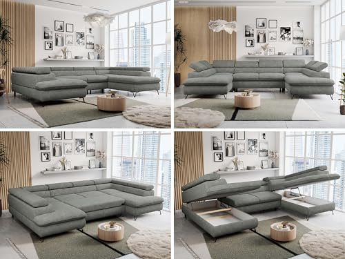 MKS MEBLE Sofa U-Form, Wohnlandschaft U-Form, Sofa mit Schlaffunktion und Bettkasten, Schlafsofa mit Bettkasten, Couch mit Verstellbare Kopfstützen - Peter U - Grau Struktur (ohne Topper)