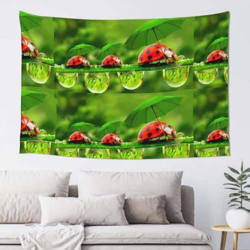 VANANI Lustiger Marienkäfer mit Regenschirmen, Wandbehang, einfache Installation, Dekoration für Wohnzimmer und Schlafzimmer, 102 x 152 cm