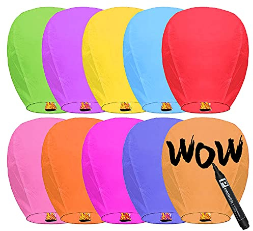 10 Packs Chinese Sky Lanterns to Release, Upgraded Quality Memorial Fire Resistant Paper Lantern, ECO Friendly Flying Lanterns in Memory for Parties Supplies, Multi-Colour