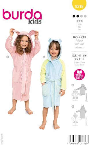 burda kids Schnittmuster #9219 Kinder Bademantel mit Tierohren Nählevel 2 (leicht) Gr. 104-146