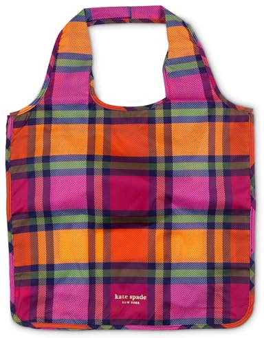 kate spade new york Reusable Produce Bags, Shopping Tote with Zipper Storage Pouch, Lightweight Foldable Grocery Bag, Grand Plaid Duo, Grand Plaid Duo