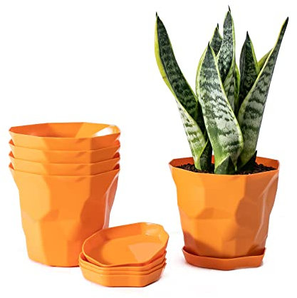 5 Bunte Blumentöpfe mit Ablaufloch und Untersetzer, 12,4 cm Großer Kunststoff-Übertopf mit Geometrischem Design, Kinderzimmer-Blumentopf für Kleine Pflanzen, Sukkulenten, (Orange)