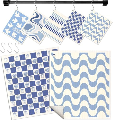 Miss Adola Swedish Dishcloths for Kitchen with Hooks - Reusable Dish Cloths for Washing Dishes Fast Drying Cute Fun 5 Pack Swedish Dish Towels Washable Cleaning Sponge, Blue Geometrical