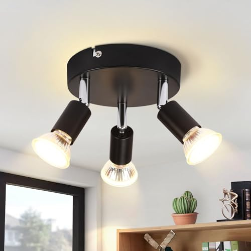 meoaow Deckenstrahler LED GU10 Küchenlampe - Deckenlampe 3 Flammig Rund | Schlafzimmerlampe Modern Flurlampe 350 Deckenleuchte Spots für Küchen Flur Schlafzimmer Wohnzimmer Ohne Leuchtmittel Schwarz