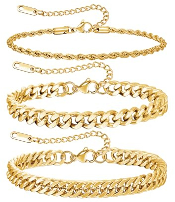 JEMARA 3 Pcs Gold Bracelets for Men,Sturdy Curb Width Rope Cuban Chain Bracelet Set Adjustable Stack Gold Chain Bracelet for Men Jewelry Bracelet Homme