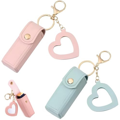 REBUCINA 2-Piece Lipstick Holder Case with Mirror, Lip Balm Keychain, Metal Key Ring, Blue/Pink, Women's Travel Cosmetic Case
