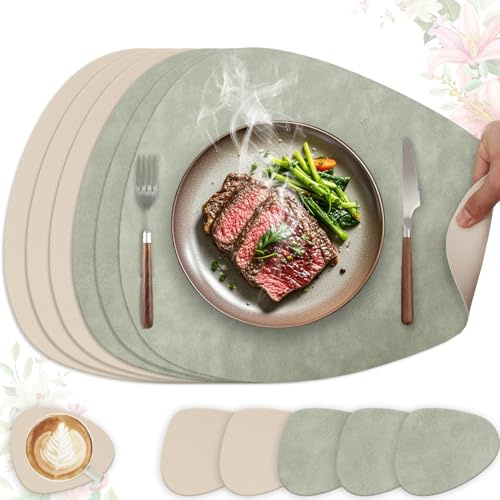 HELI MIAO Set de Table Lavable et Antidérapant, Lot de 6 Sets de Table en Cuir PU Double Face, Décoration de Cuisine et Cadeau Ovale 41x33cm(Vert Clair + Beige)