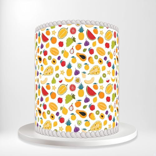 Colourful Tropical Fruits Pineapple Watermelon Banana Lemon Grapes Wrap Around Print A4 Edible Paper Icing Sheet Cake Topper Side Ribbon Border Decor for Personalised Themed Decorations