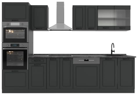 Vicco Küchenzeile R-Line, Anthrazit Landhaus, 300 cm | 8 Module · Höhenverstellbare Füße · Ohne Arbeitsplatte · MDF-Fronten · Mit Backofen-/Mikrowellenschrank