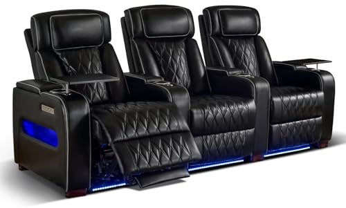 GUEAPY Power Reclining Sofa Home Theater Seating with Adjustable Headrest, Breathable Leather Electric Recliner with LED Lighting, Cup Holders, USB Charging & Tray Table