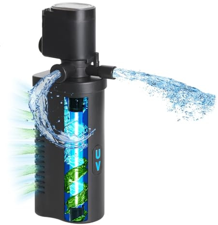 Tararium Filtro de Acuario con lámpara U-V – Bomba Sumergible 4 en 1 para Betta, Tortugas y Agua mar/Dulce (40 – 170 litros, 600 l/h), contra Agua turbia y Algas