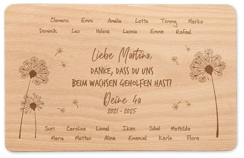 FEENSTAUB Personalisiertes Frühstücksbrettchen, Geschenk für Lehrer zum Schulschluss, graviertes Holzbrettchen als Abschiedsgeschenk Lehrerin, Erzieherin Abschied vom Kindergarten Brettchen Pusteblume