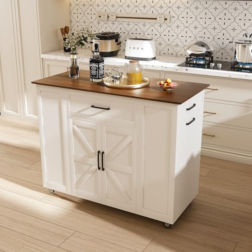 EQEY 46in Kitchen Island on Wheels with Storage & Power Outlet - Movable Rustic Breakfast Bar Table, Wood Top with Adjustable Shelf & Drawer for Kitchen Dining Living Room, White